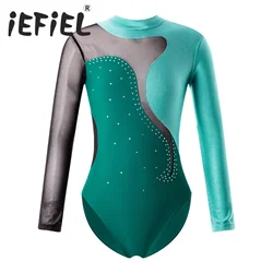 Kids Girls Sports Gymnastics Workout Leotard Long Sleeves Shiny Rhinestone Ballet Dance Jumpsuit Bodysuit for Performance Dance