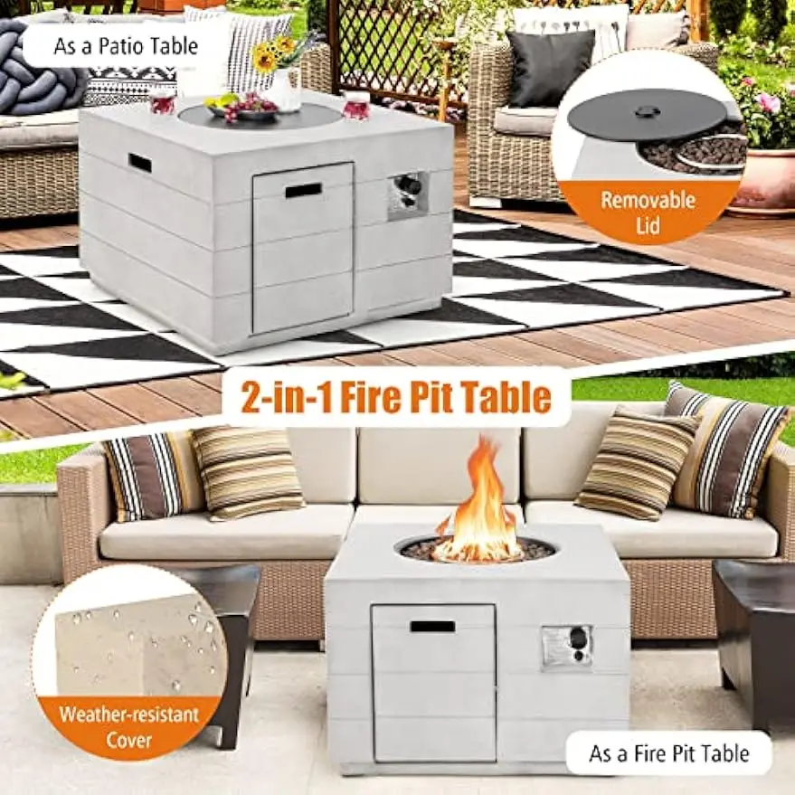 Outside Fire Pit Table-50000 BTU Outdoor Square Propane Fire Table Gas Tables w/Lid Lava Rocks