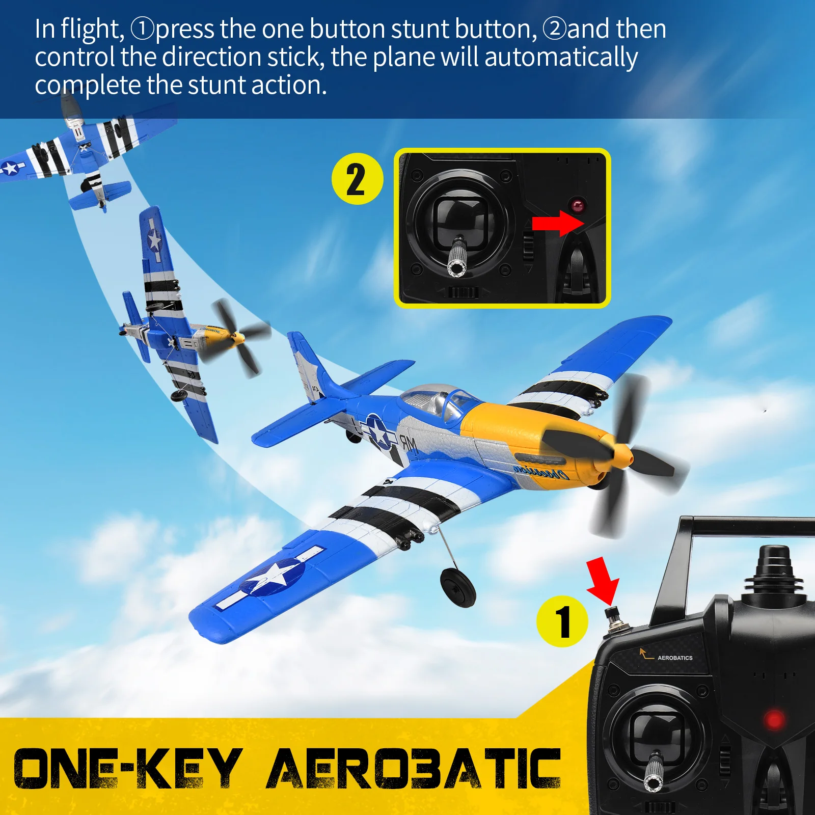 P51 Mustang 400MM RC Airplane 2.4G 4CH 6 Axis RTF One Key Aerobatic RC Aircraft with Xpilot Stabilization Warbird Plane 3