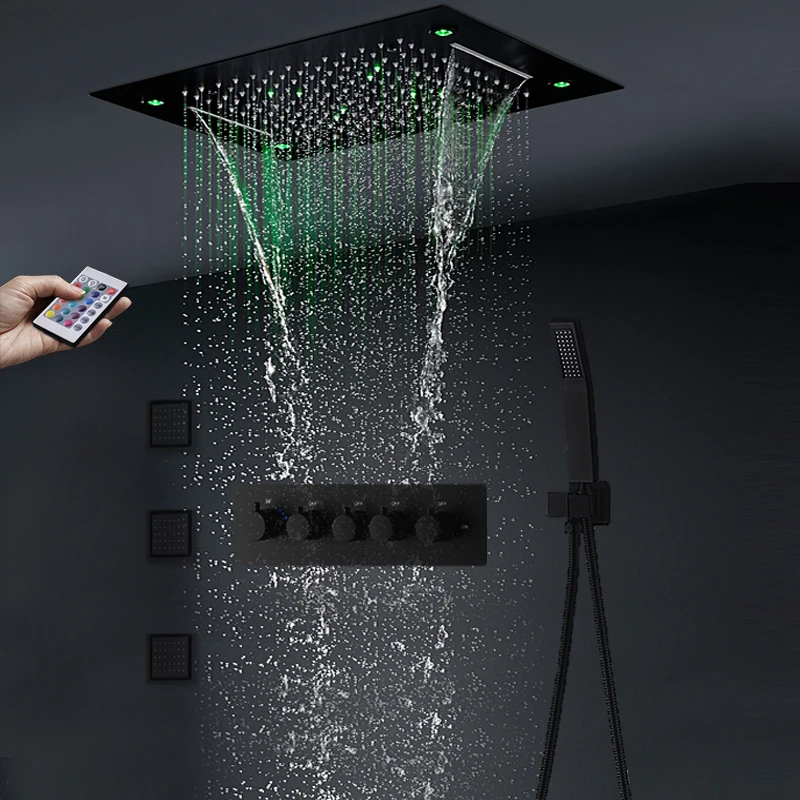 

thermostatic Black shower faucet set recessed rain waterfall massage shower head high flow body jets spray bathoom products