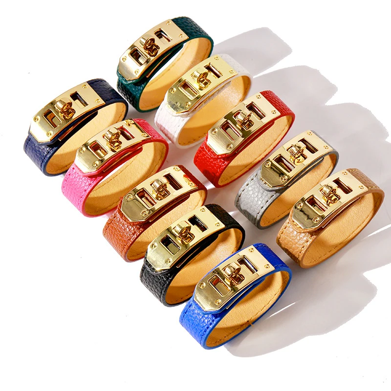 Leather Bracelet 10 Colors Single Layer Gold Plated Rotating Buckle Steel PU For Women Jewelry