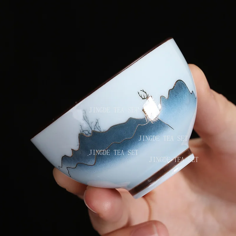 1pcs Celadon Kung Fu Tea Cup Ceramic Single Small Teacup Blue and White Porcelain Tea Cup Drinking Utensils Tea Set Accessories