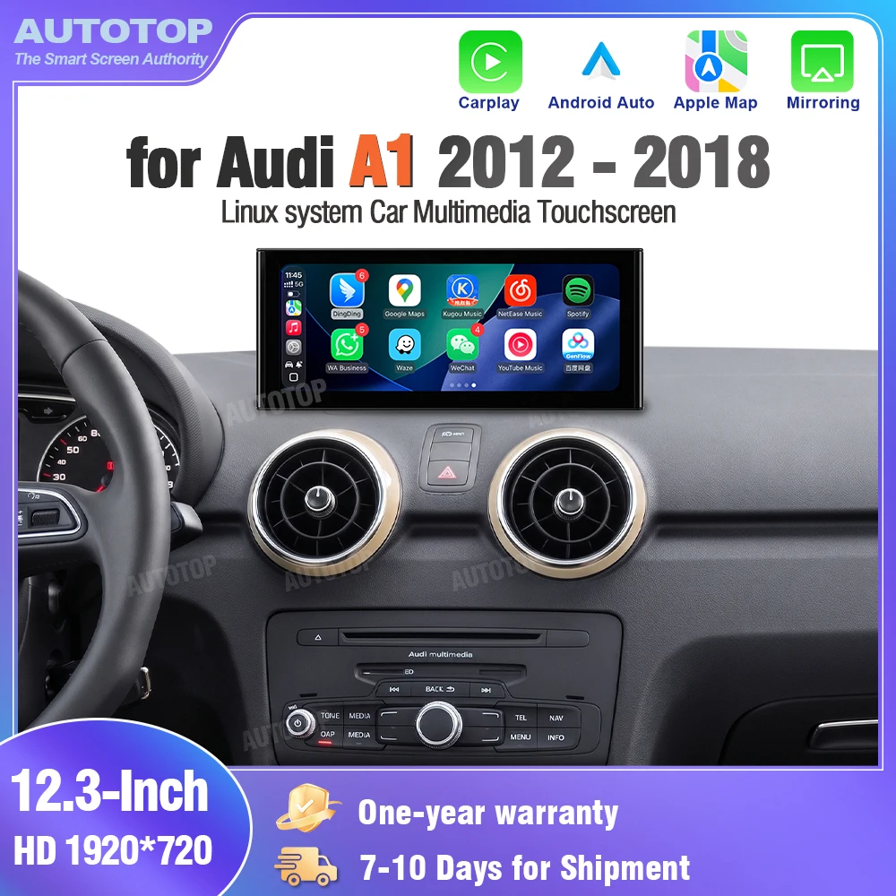 AUTOTOP Pantalla Ultrafina de 12.3 Pulgadas para Auto con Sistema Linux para Audi A1 2012-2018 RMC HN+R, Reproductor Multimedia con Pantalla Táctil HD de 1920x720, CarPlay y Android Auto Inalámbricos, AirPlay Mirror Link, Altavoz Integrado, Bluetooth, Cable AMI, Cámara de Reversa AHD CVBS 1