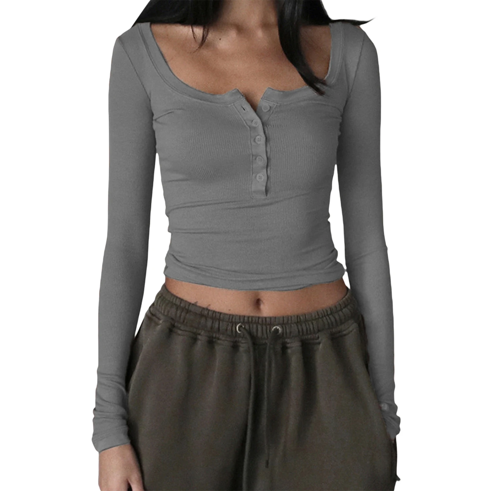 Chemise Henley tricotée pour femmes, nouvelle mode, décontractée, couleur unie, rétro, 1/2 boutons, manches longues, haut court, Streetwear, Clubwear
