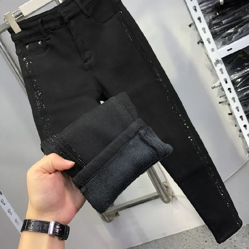 Black Fleece Thick Rhinestone Jeans for Women 2023 Fall Winter New Slim Fit  Slimming Elastic High Waist Pencil Trousers Fleece - AliExpress