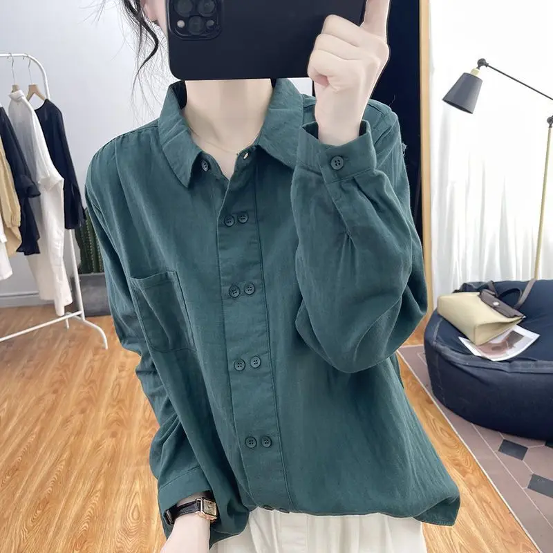 Spring Autumn New Solid Color Fashion Long Sleeve Shirt Women High Street Casual Loose Button Cardigan Cotton Hemp Chic Tops