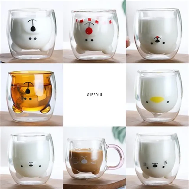 4/lot Glass Mugs For Tea Milk Double Wall Glass Mug, Bear Cat Dog Animal  Double-layer Glass Mug Coffee Cup, Christmas Mug Gift - Mugs - AliExpress