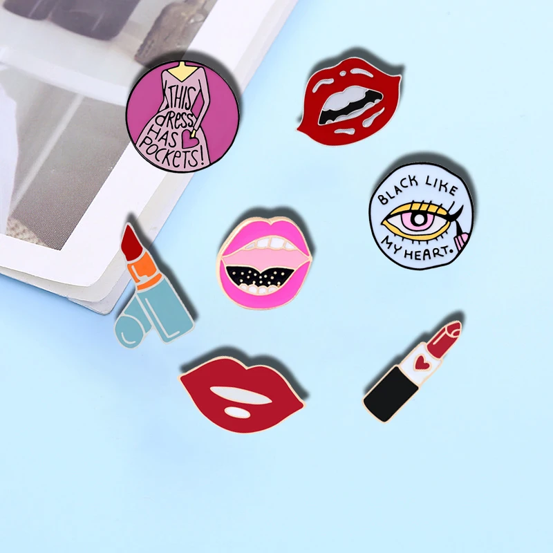 

Fashion Icon Enamel Pins Women Sexy Red Lips Charming Eyelashes Brooches Lipstick Lapel Pin Female Glamour Symbol Badges Jewelry