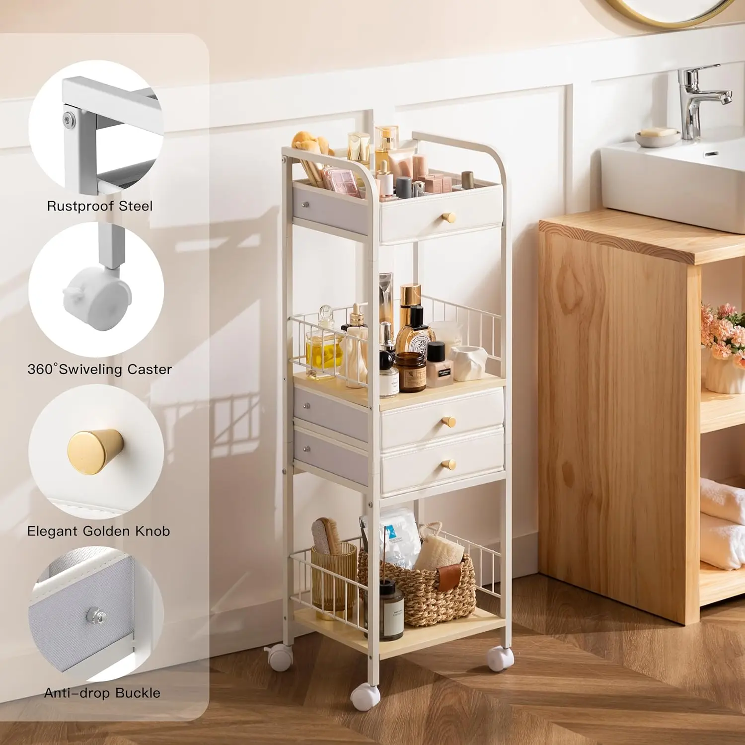 HBlife Floor Makeup Organizer Storage Cart, Make Up Organizers with Drawers, Vanity Cosmetics Display Cases Holder for Skincare 4