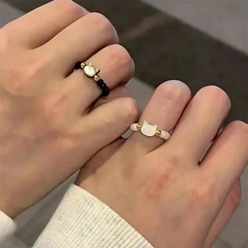 Fashion Natural Moonstone Obsidian Rings Minimalist Handmade Cute Black White Cat Bead Ring Women Party Anillos Mujer