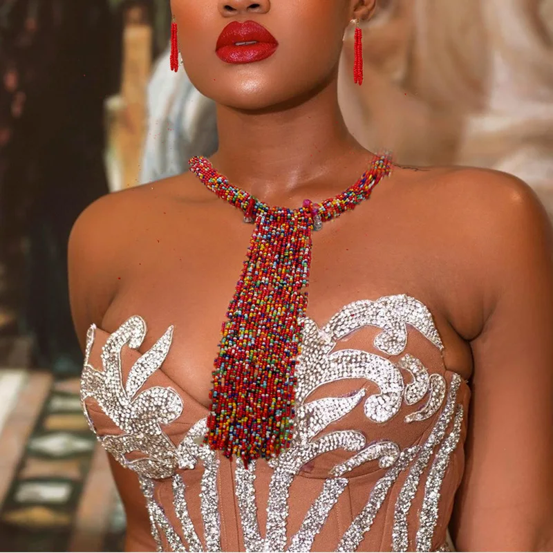 

2023 New Women Necklace Set for Womens Boho Accesories for Girls Wedding Party Trip Gifts Red Tassel Beads Jewelry Sets