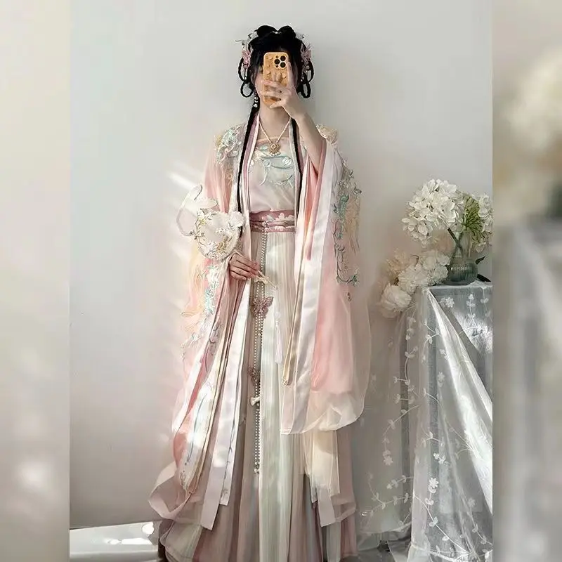 

Женское платье Hanfu большого размера 2XL, традиционная вышивка в старинном китайском стиле, танцевальное платье, синее розовое платье Hanfu