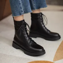 

2022 Warm Winter Autumn Women Ankle Boots Outdoor Fashion Casual Snow Boots Genuine Leather Low Heels Lace-Up Shoes Woman