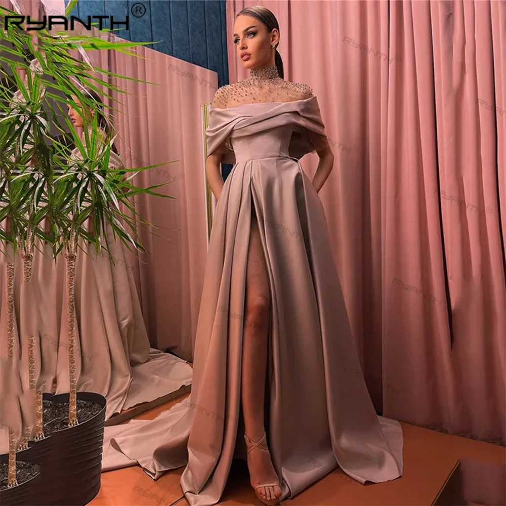 

High Neck Evening Dresses for Women Beadings Pink Off Shoulder Formal Prom Dress Full Sleeve vestidos de noche Special Events