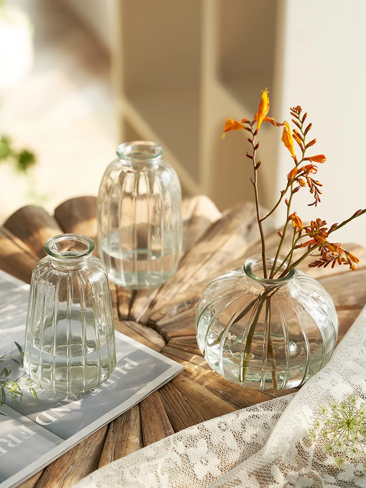 

Retro Embossed Mini Small Glass Vase Transparent Hydroponic Flower Table Decorative Ornaments