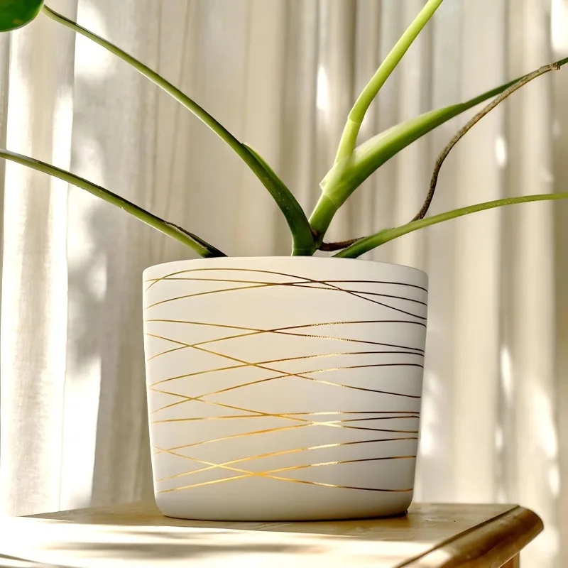 9 Inch Ceramic Plant Pot - Matte White with Gold Stripes - Drainage Plug Included 4