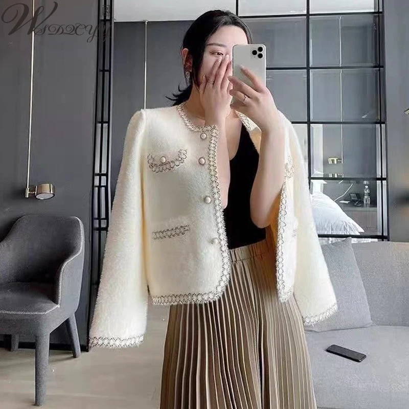 

Lmitation Mink Cardigan Jacket Women Pearl Patchwork Long Sleeve Knitted Coat French Ladies O-Neck Cashmere Sweater Outwear 3xl