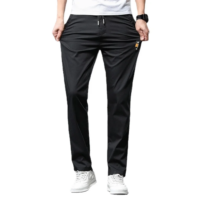 Summer Lightweight Casual Pants Men Gray Ice Silk Straight Elastic Waist Trousers