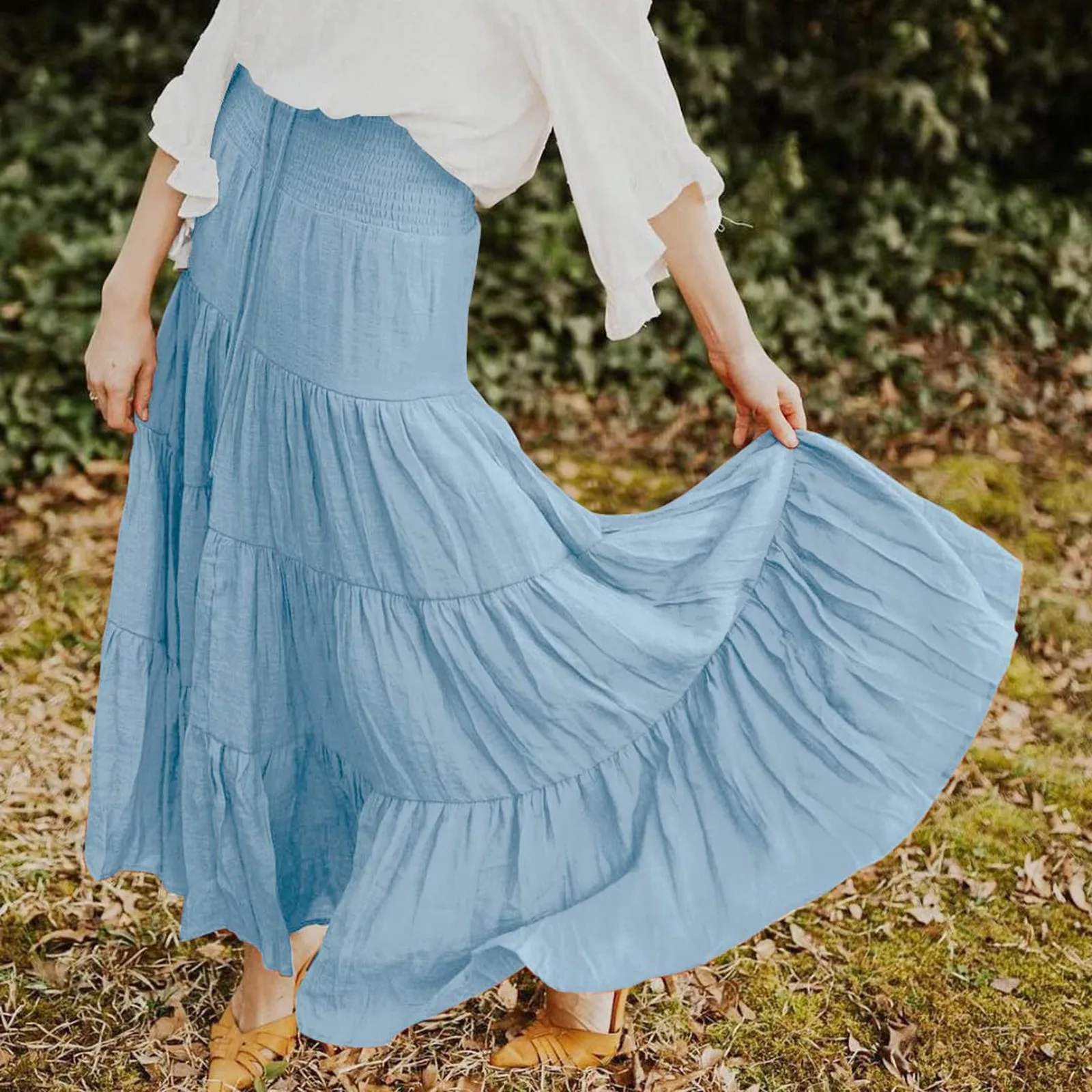 

Bohemian Style Elastic Waist Skirts Ruffles A-line Solid Color Beach Dress Maxi Vintage Women Skirts Solid Party Vestidos 2023