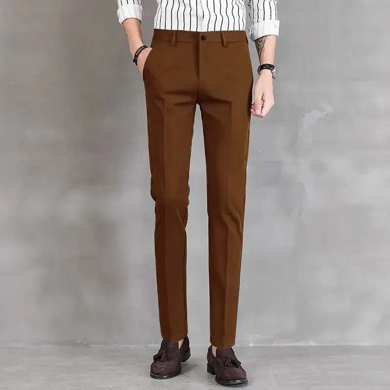thumbnail image 1 of Pantalones de oficina rectos y elásticos de 9 pulgadas recortados para hombre, pantalones de trabajo para hombre, pantalones de traje elásticos con trenzas, ajustados, baratos, para vestir, informales, 1 of 4