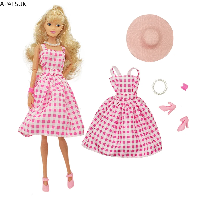 Movie Pink Fashion Clothes Set Per Barbie Doll Abito Senza Maniche Cappello Collana Bangle Shoes Outfit 1/6 Bambole Accessori Giocattoli