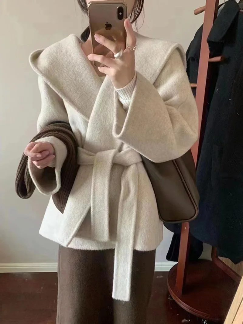 

Халат AI NI YA с капюшоном для женщин, двустороннее шерстяное короткое пальто, повседневное шерстяное пальто