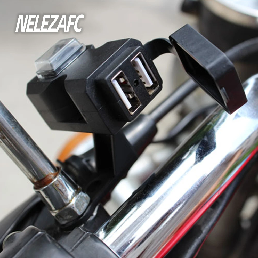 

12V-24V Motorcycle Dual USB Charger with Switch Waterproof Power Supply Socket Mobile Phone Holder Motorbike Handlebar Adapter