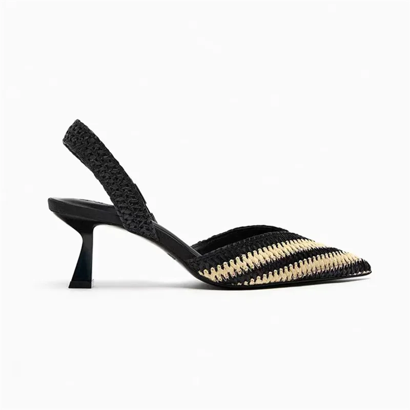 TRAF Women New Weave Stripe Heeled Sandals 2024 Summer Mid Heeled Slingbacks Patchwork Pointed Stilettos Shoes For Woman Party 5