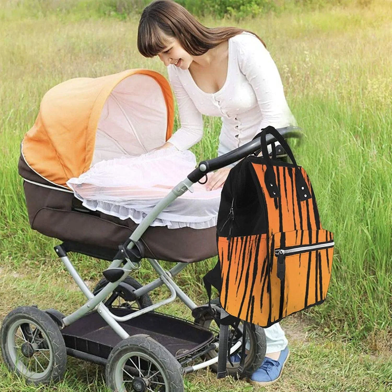 Tiger Stripe Printed Mummy Backpack Diaper Bag Multi-Function Maternity Nappy Bags, Kid Bag with Laptop Pocket,Stroller Straps