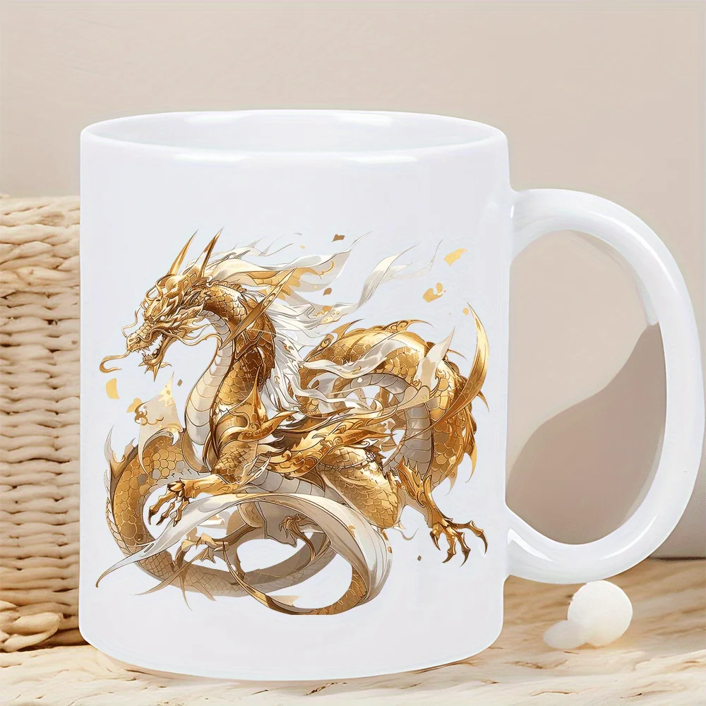 Dragon Coffee Mug - Elegant White Exterior with Golden Dragon Design, Insulated Ceramic Cup for Hot & Cold Beverages, Birthday/C