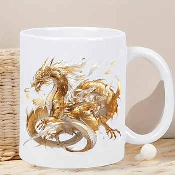 Dragon Coffee Mug – White Ceramic with Gold Dragon Design 1