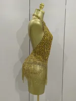 Luxury Golden Rhinestone Sexy Mesh Stretch Bodysuits Women Birthday Dancer Performance Stage Wear Nightclub Team Hotwife Outfit - Image 4