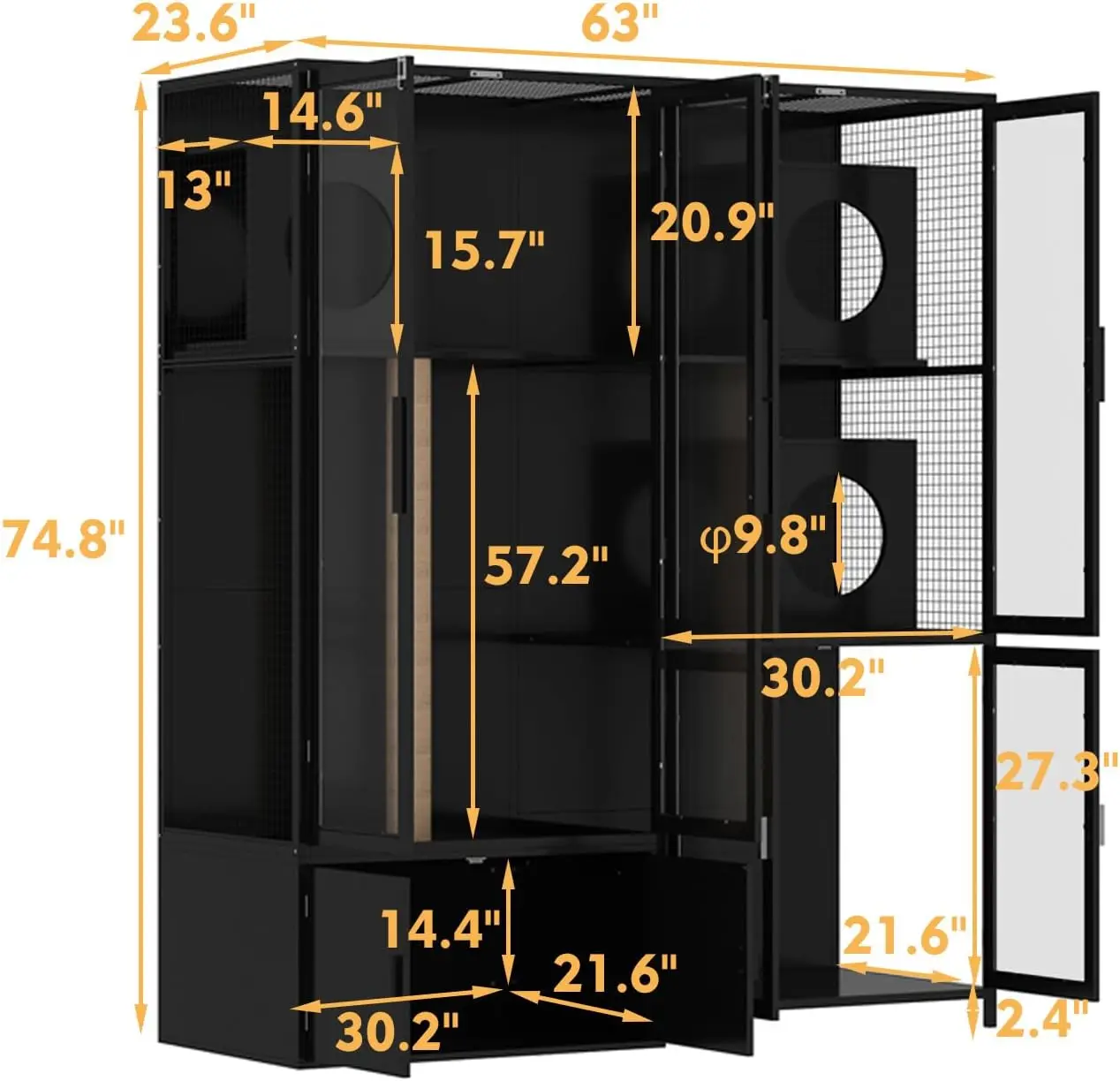 63" Cat Litter Box Enclosure, 3 Rooms, Acrylic Doors and Scratching Post, Extra Large Hidden Decorative Litterbox Cabinet Cages