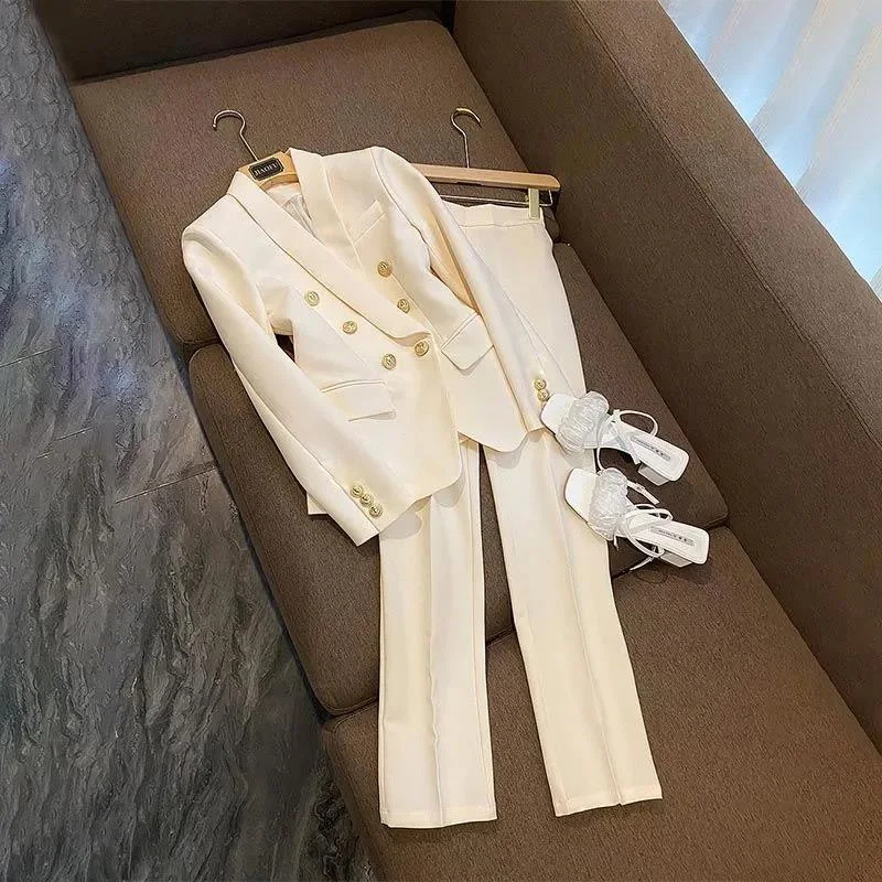 Women Elegant Fashion juicy Suit Noted Metal Button Jacket Coat Top And Pant Two Piece Set Matching Outfit 2023 New Prom Clothes
