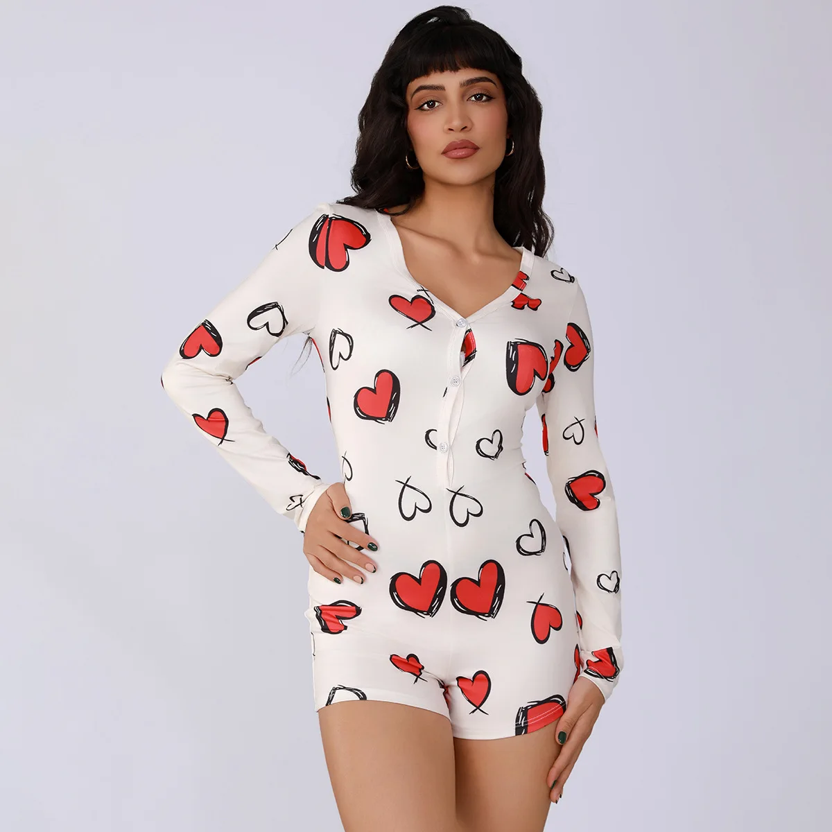 السيدات قطعة واحدة ارتداءها مثير الساخنة فتاة منامة القلب الطباعة الرقمية قصيرة الأكمام مجموعة السراويل ملابس المنزل