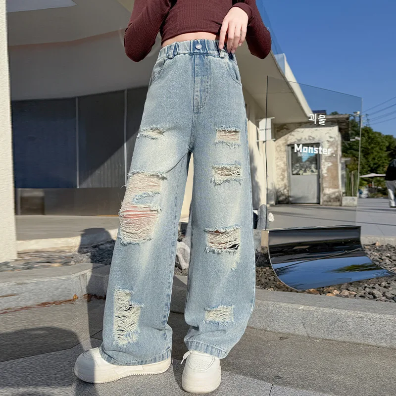 Children Retro Ripped Jeans Teen Girls big Holes Fashion Street