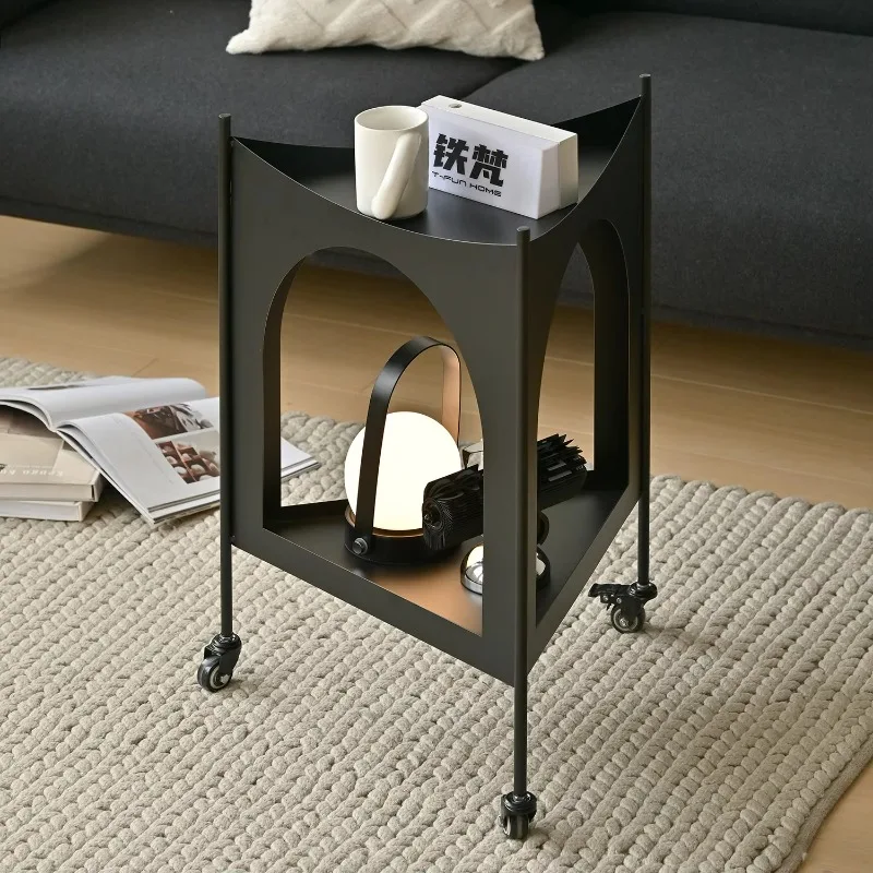 Ironfen Mobile Side Table, Small Black Tea Table for Living Room and Balcony, Creative Pushcart Coffee Table
