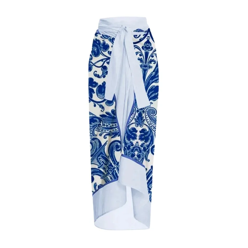 2023 Women's New Swimwear Chinese Style Printed Two-piece Summer Beach Wear Ruffle V-neck Bikinis Cover Up