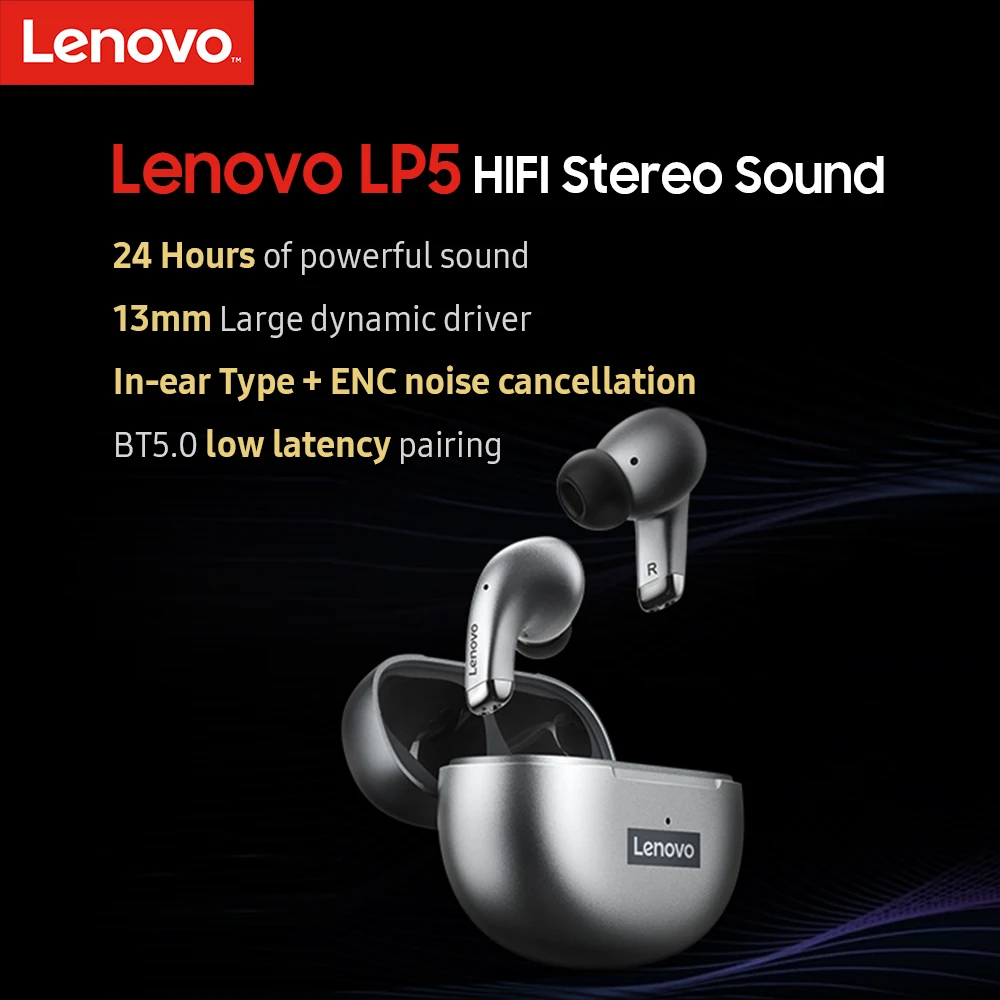 Lenovo LP5 Wireless Headphone TWS Bluetooth Earphones 9D Stereo Sport Headset Waterproof Bass Earbuds Touch Control with Mic