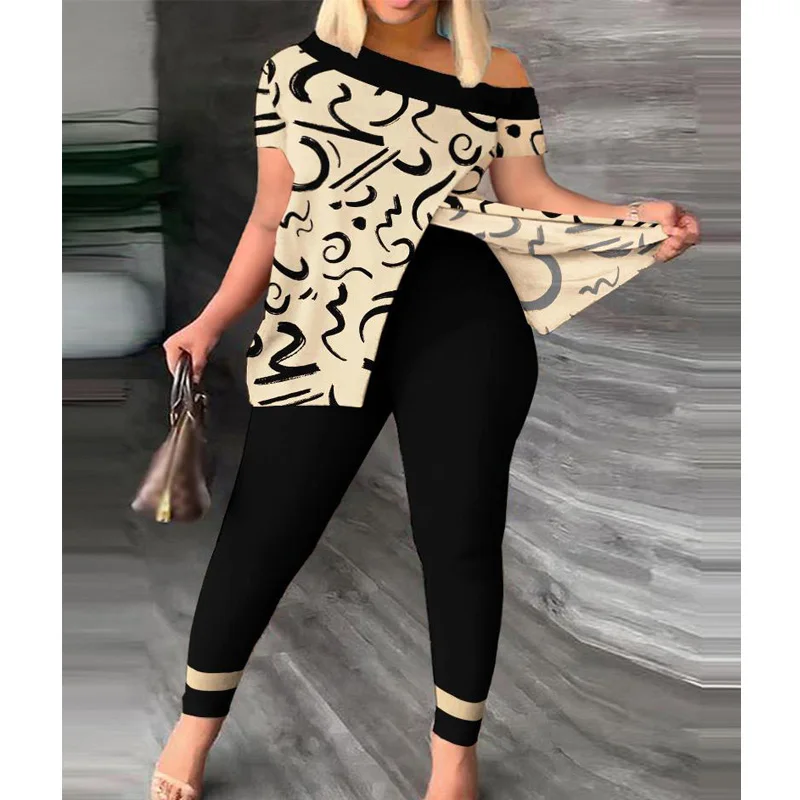 

Women's Two-piece Set Outfits 2023 Casual Abstract Print Short Sleeve Split Hem Top & Pants Set Slim Two-piece Set Women