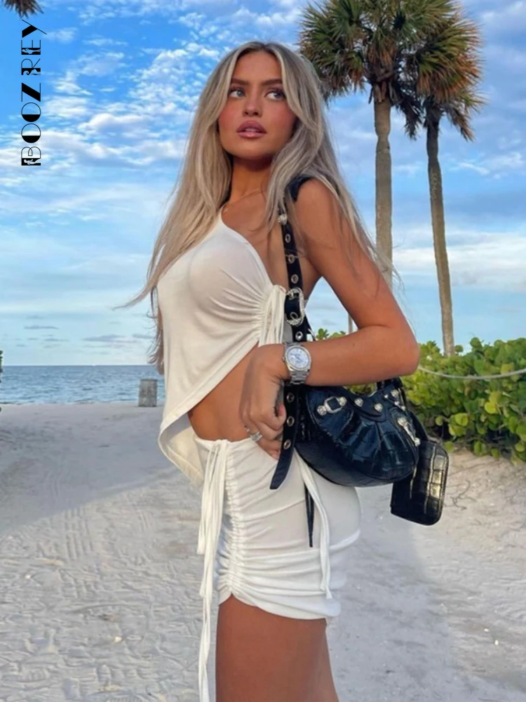 

BoozRey 2022 Drawstring Dress Summer Sets Womens Outfits Sexy One Shoulder Crop Top and Mini Skirts Sets Co-Ord Club Party