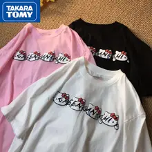 

Takara Tomy Boys and Girls Summer Hello Kitty Loose Short-sleeved Cotton Printing Card Couples Dress Girlfriends Dress T-shirt