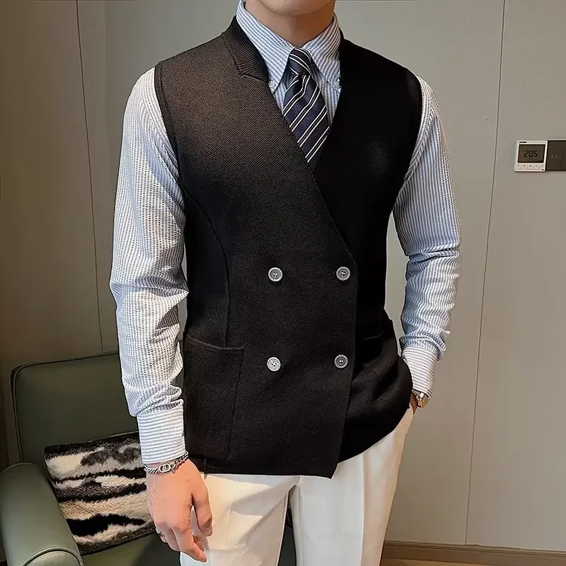 Autumn Winter Men Sleeveless Knitted Vest British Style Double Breasted Male Waistcoat Party Business Slim Fit Chaleco Hombre 3