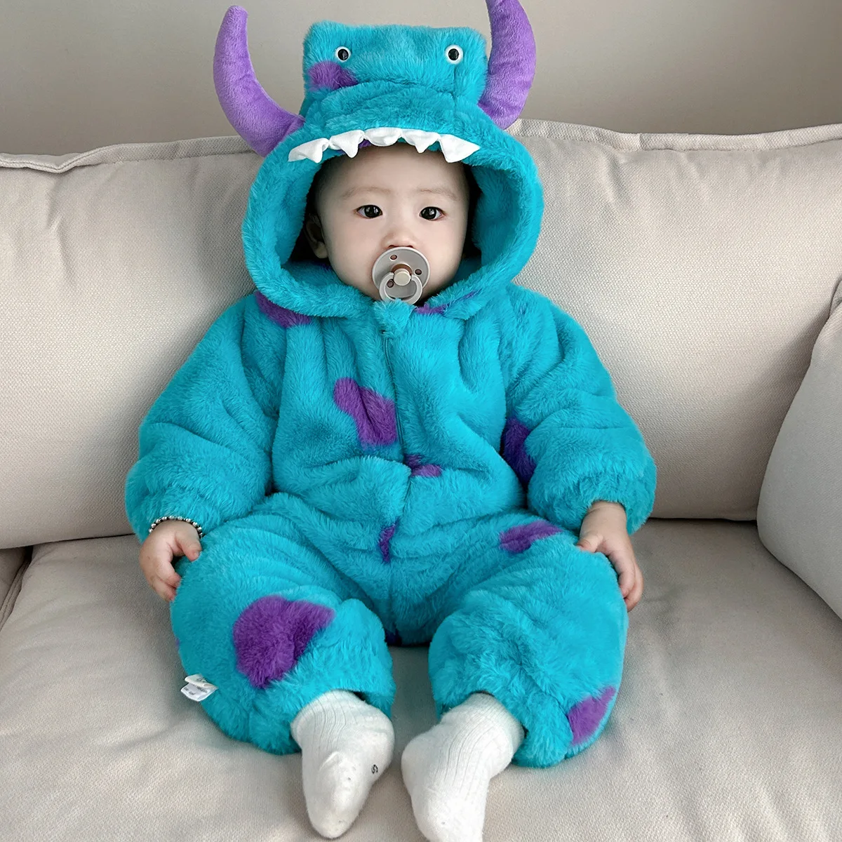 Baby jumpsuit winter thickened plush cotton jacket baby clothes monsters cartoon cute outwear