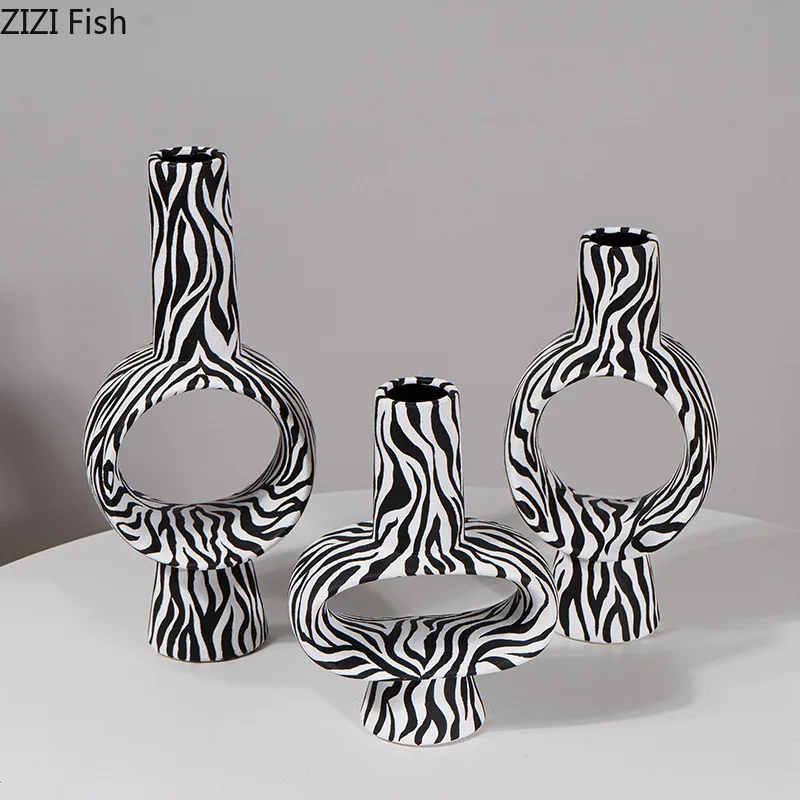 Zebra Stripes Ceramic Vase Desk Decoration Flowers Arrangement Artificial Flower Decorative Floral Vases Room Aesthetic Decor 3