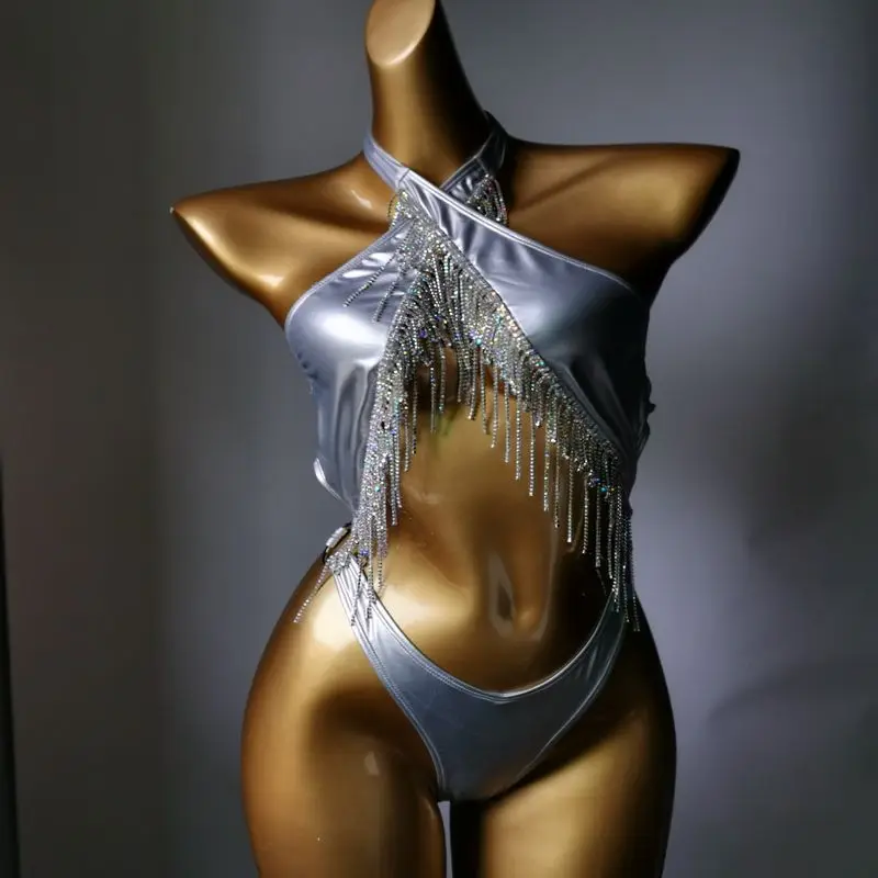 2023 Diamond New Bikini One-piece Swimsuit Cross Tie Silver Tassel Swimsuit Night Club Special Clothing Bodybuilding Performance