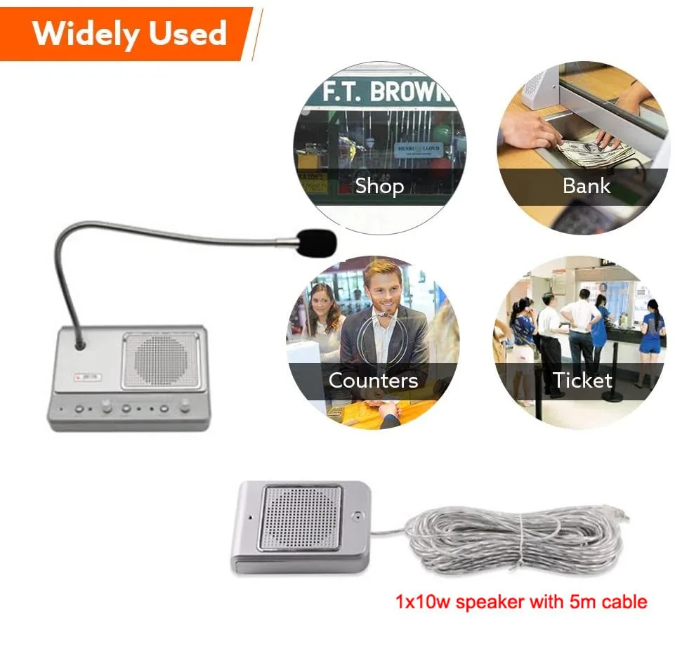 

New Arrival Dual Way Intercom System Bank Counter Window Interphone 10W Table Microphone+1x10W ABS Speakers w/t 5m cable
