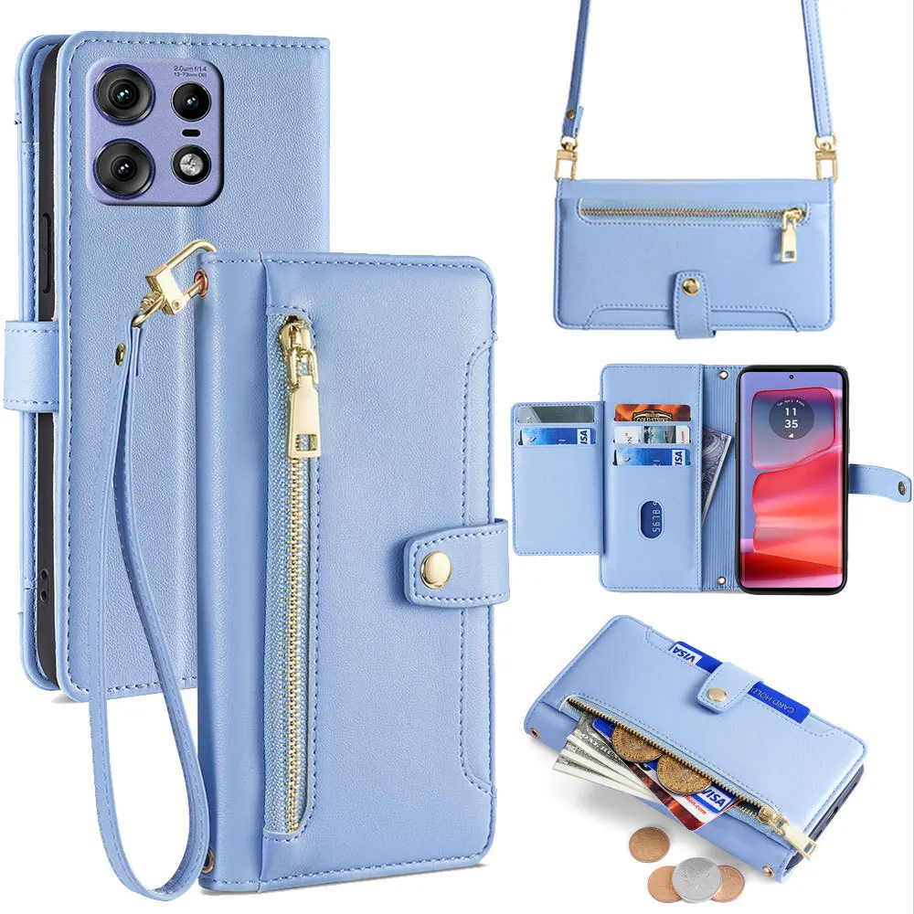 Luxury Leather Crossbody Zipper Flip Case with Multi-Card Storage and Lanyard Wallet Design