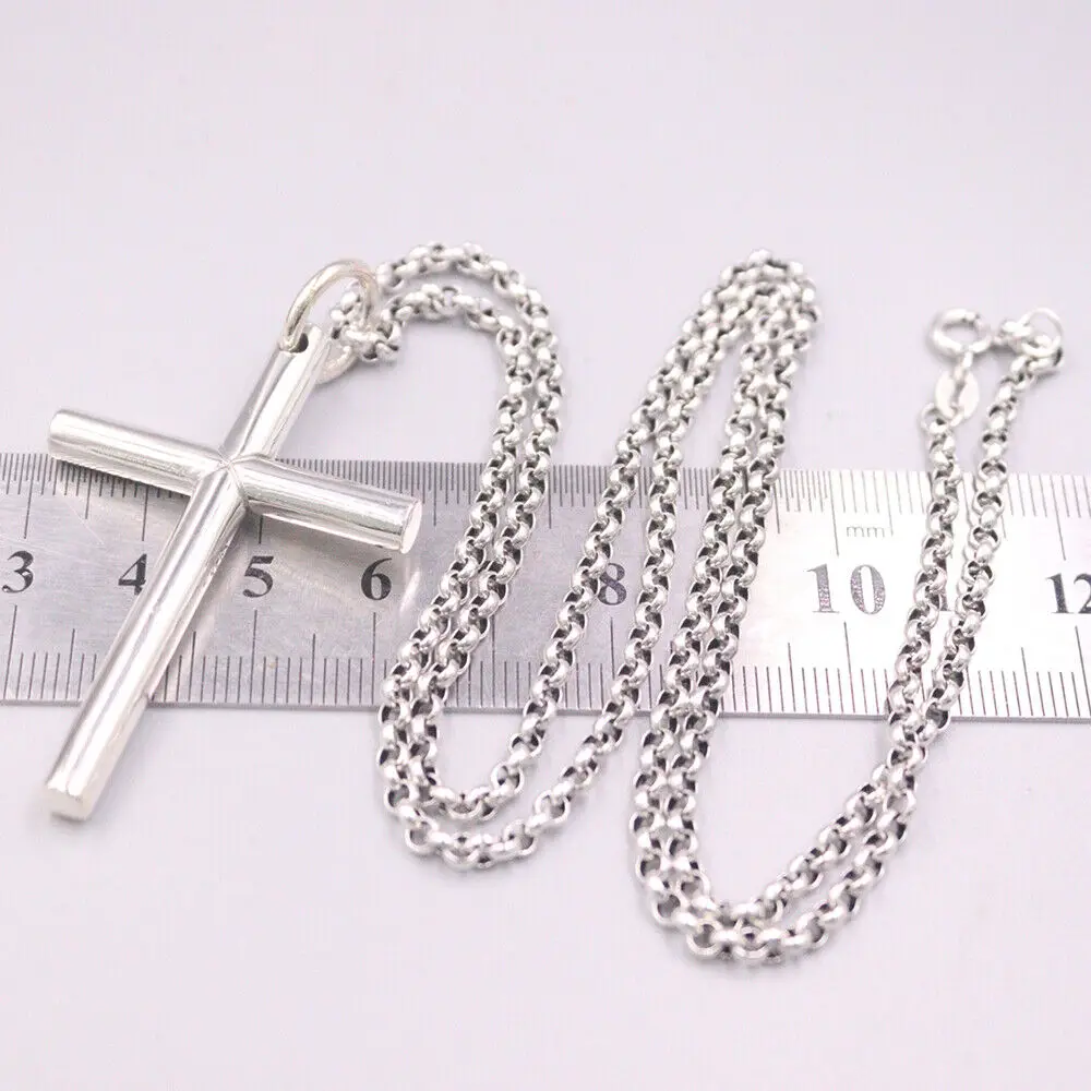 

Real 925 Sterling Silver Blessing Round Cross Pendant 2.28"H + 19.7" Rolo Chain