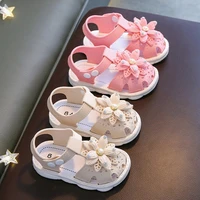 New Summer Sandals Kids Sweet Princess Fashion Covered Toes Soft Non-slip Pink Flower Children Snap Button Flat Casual Shoes 3